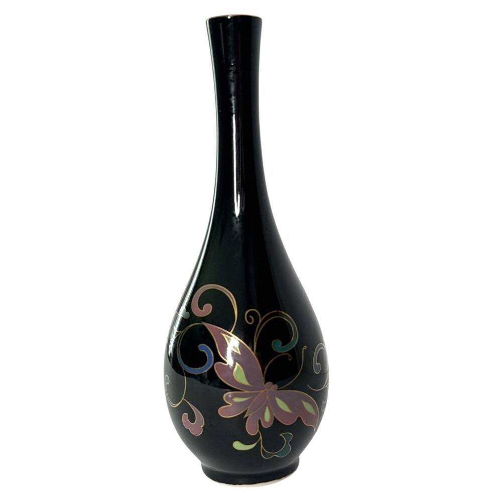 Vintage Otagiri Butterfly Bud Vase Made in Japan 8” Black Lacquer w/Gold Accents